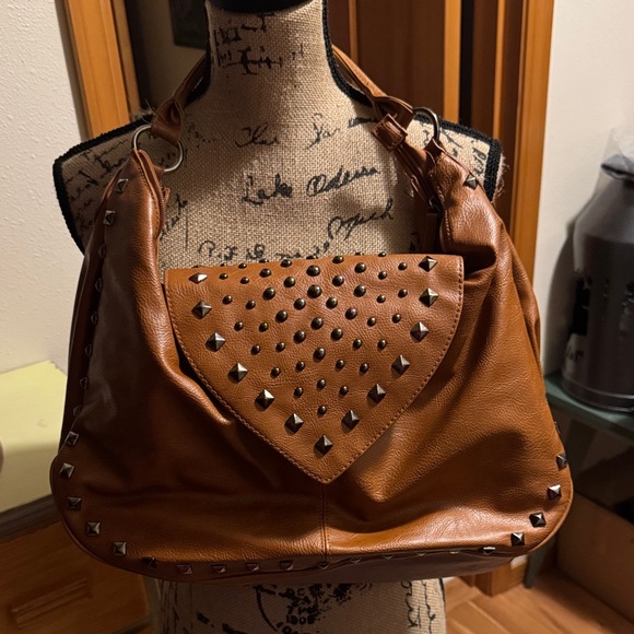 Studded Edgy Brown Vegan Leather Handbag - Picture 1 of 9